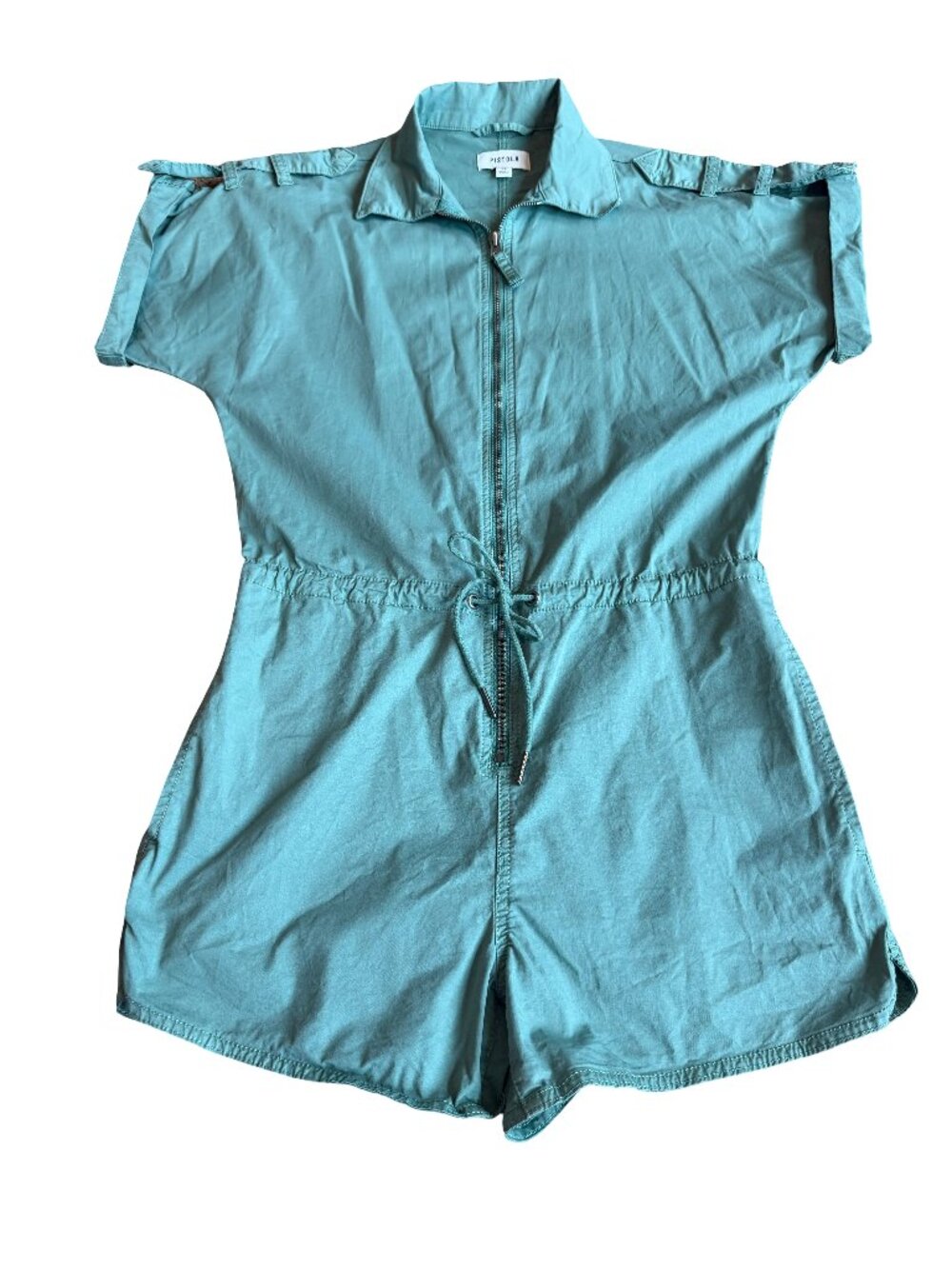 Pistola Teal Utility Romper Collared Zip Front Shorts Tie Waist X-Small Women's